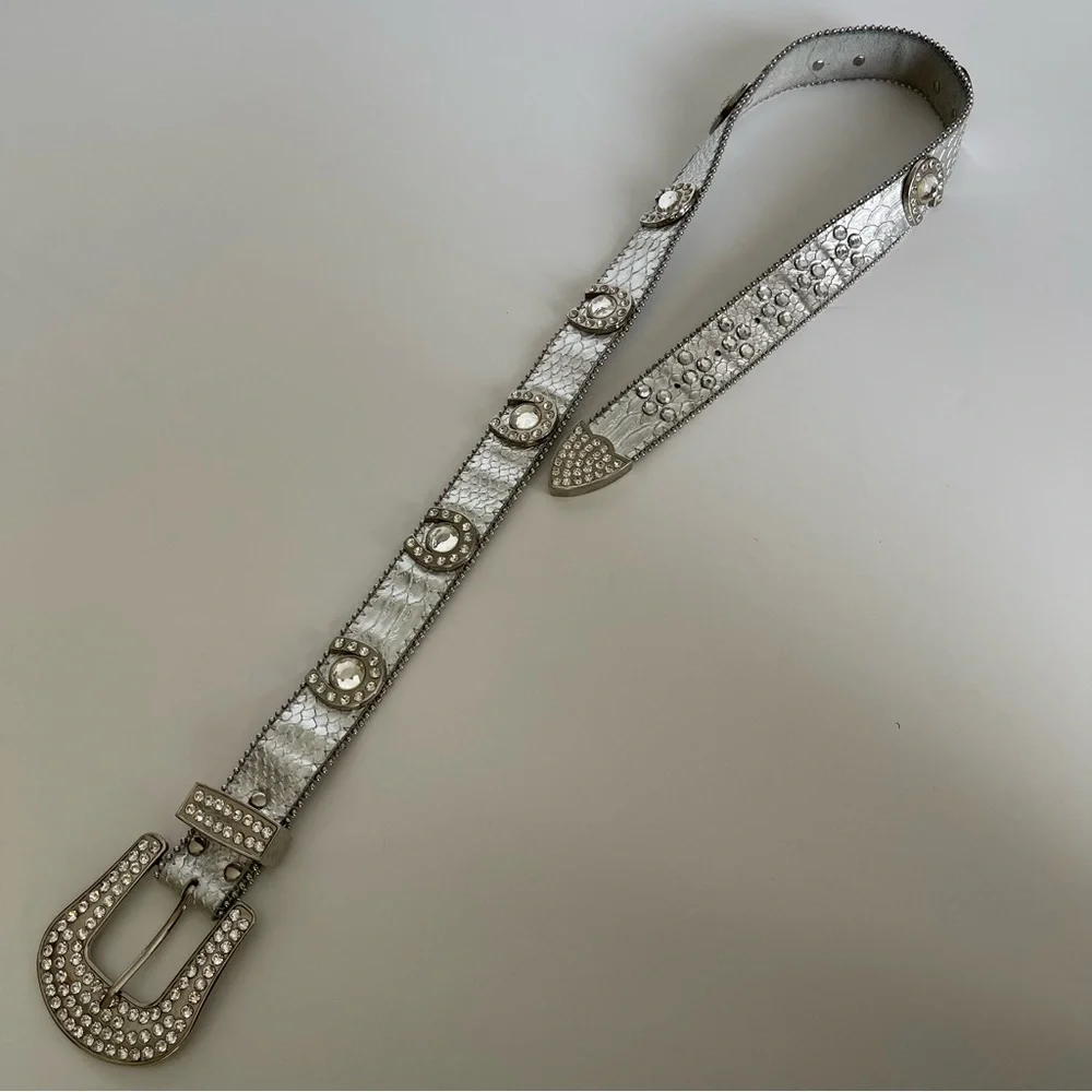 Western Cowgirl metallic silver rhinestone horseshoe bling leather belt Size M/L